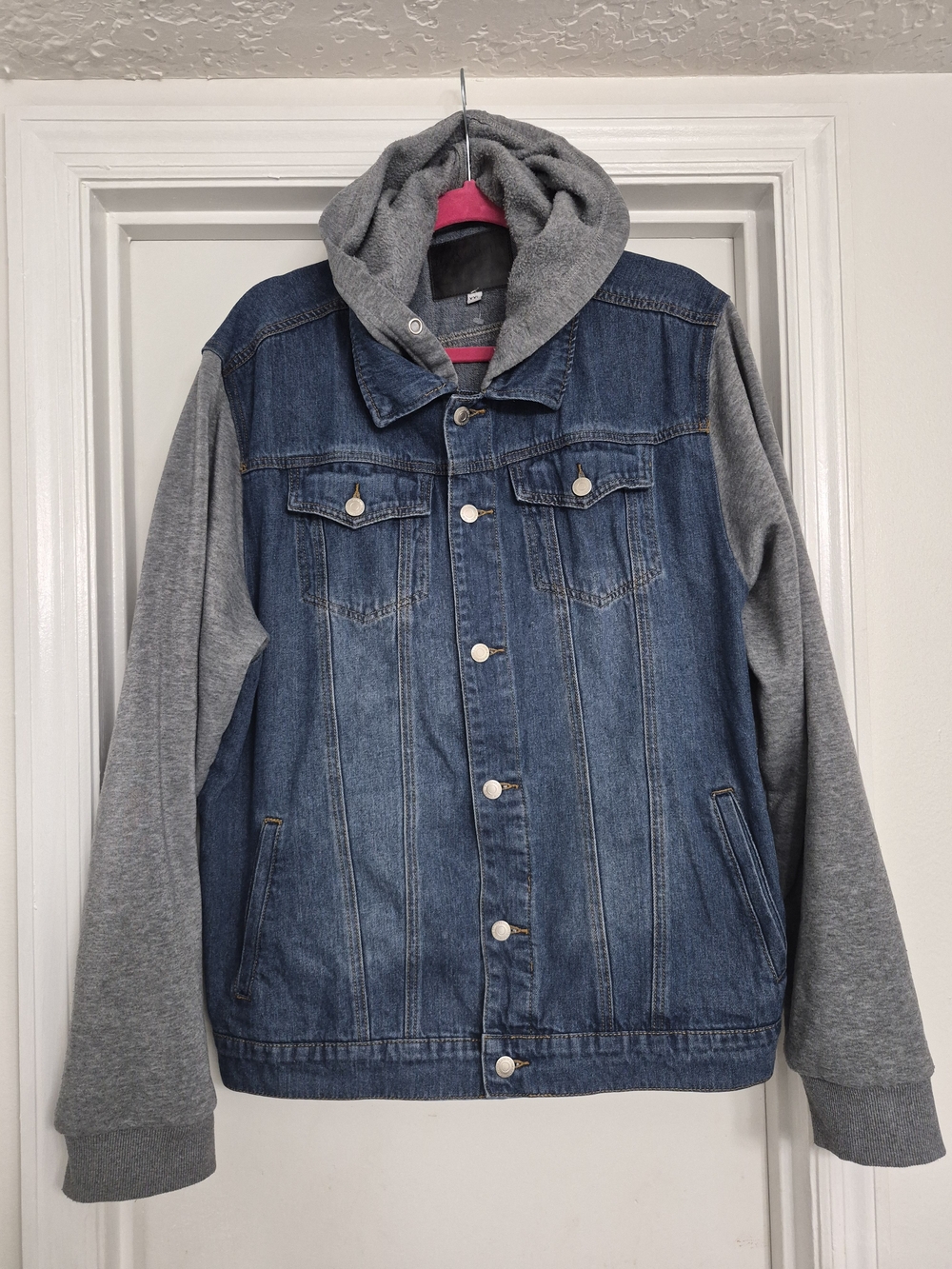 Men's Blue Denim Bomber Jacket with Gray Hooded Sleeves